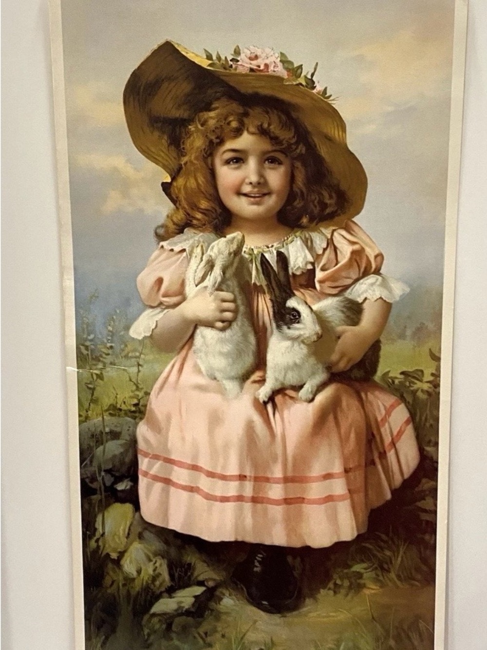 VTG "Willing Captives" Girl w/ Rabbits Art Print Old Print Factory Lithograph